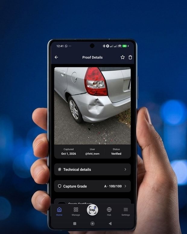 A hand holding a smartphone running Captilo. The Proof Details screen shows a photo of a dented car, captured by @field_team, status Verified, Capture Grade A (100/100).