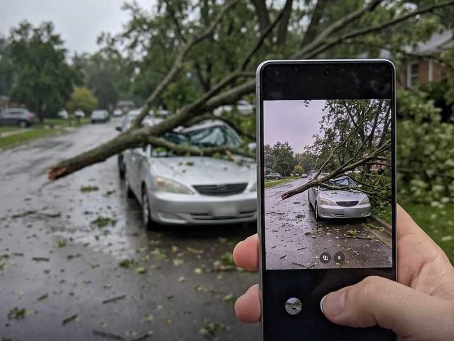 A smartphone photographing a parked car crushed by a fallen tree on a storm-damaged residential street.